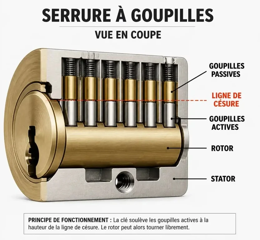 Schéma technique du fonctionnement d'une serrure à goupilles pour le crochetage