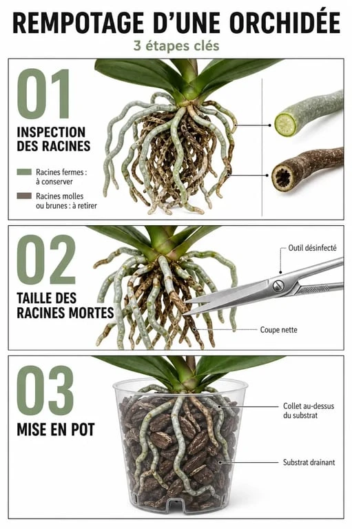 Infographie des étapes pour savoir quand et comment rempoter une orchidée