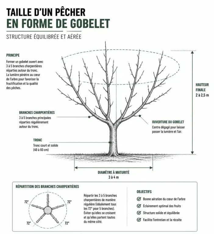 Schéma de taille d'un pêcher en gobelet pour optimiser la fructification