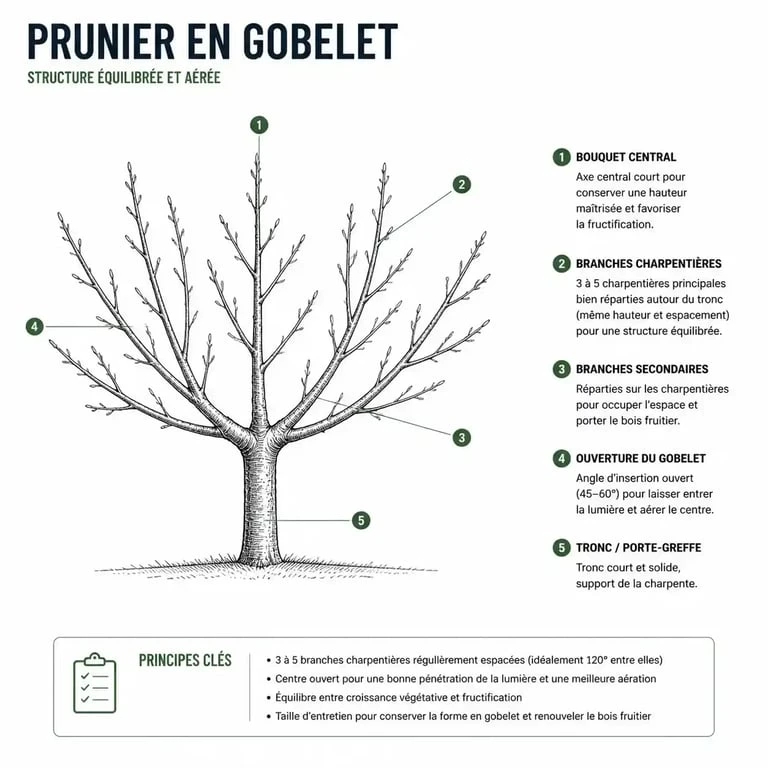 Schéma de la taille en gobelet pour un prunier pour optimiser la fructification