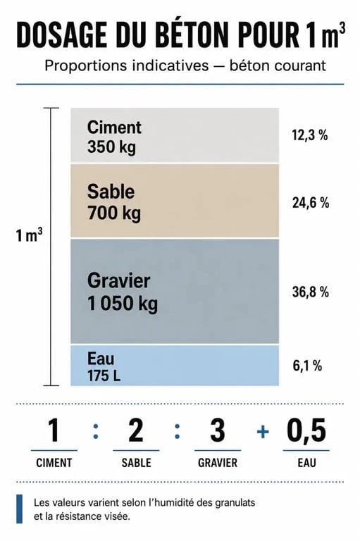Tableau récapitulatif des dosages pour 1m3 de béton selon l'usage