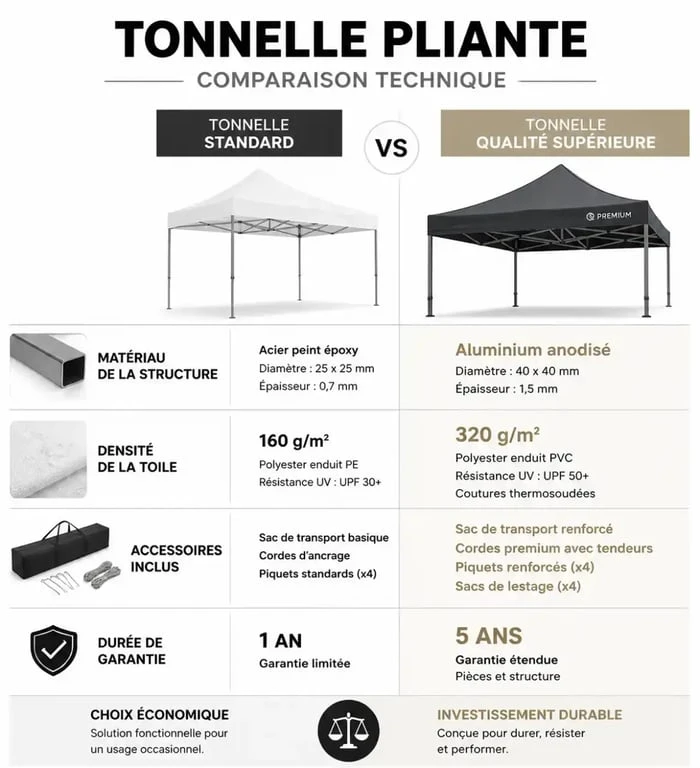 Infographie comparative des caractéristiques techniques d'une tonnelle Lidl et d'un modèle standard pour jardin.