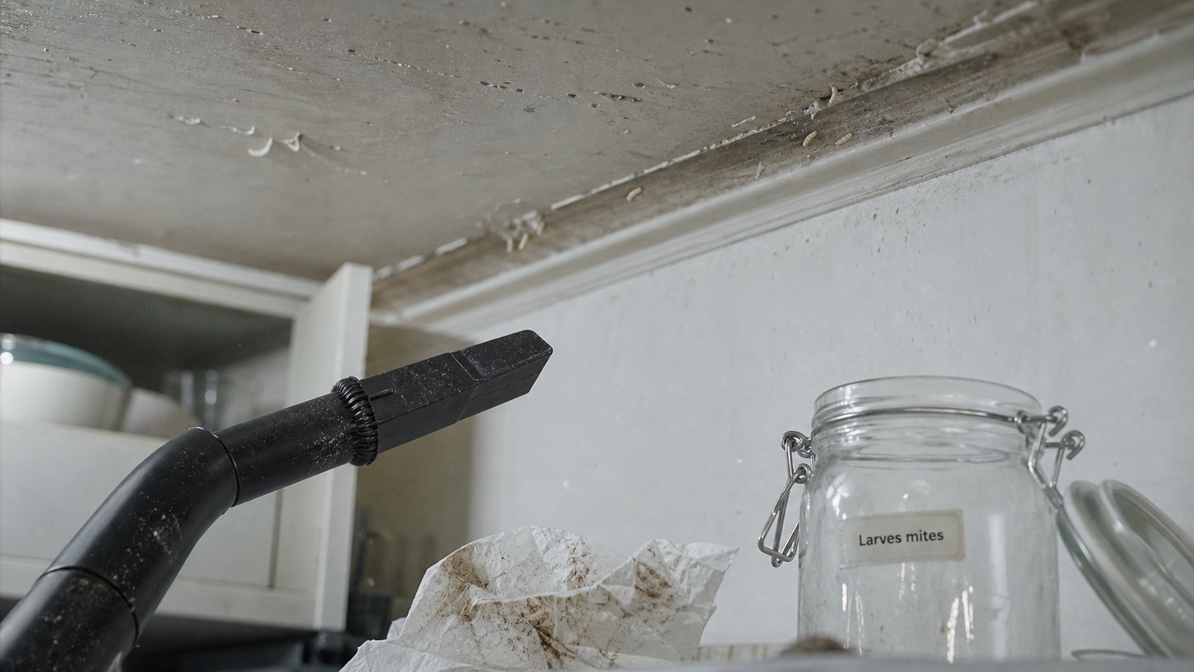 Larves de mites au plafond dans une cuisine, près du plafond et des placards
