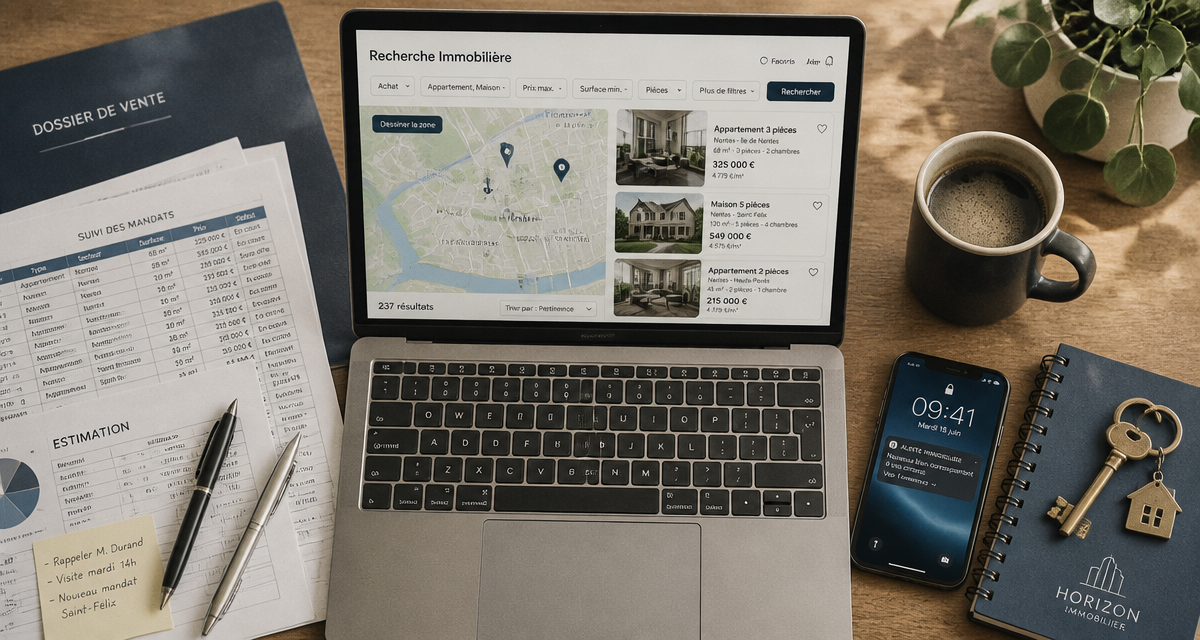 bureau agent avec moteur de recherche immobilier à l'écran