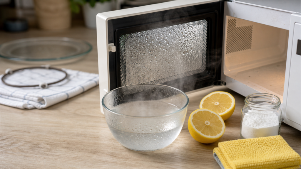 Nettoyage micro onde naturel citron et bicarbonate, vapeur sur vitre