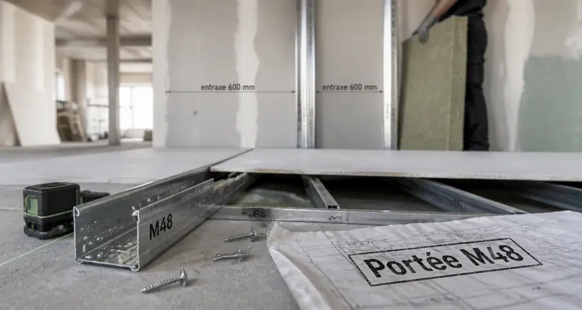 Portée maximum plafond autoportant M48, profilé et ossature visibles pour éviter la flèche
