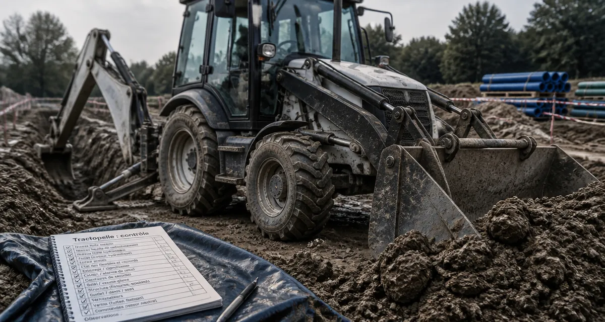 Tractopelle sur pneus en chantier de terrassement, pelle arrière et godet frontal