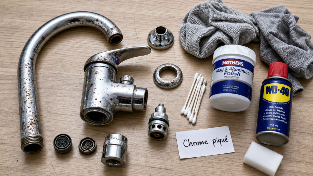 Comment nettoyer du chrome piqué : robinet chromé et produits (microfibre, polish, WD-40).