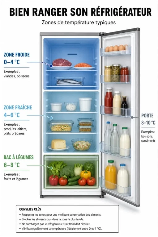 Schéma des zones de température dans un réfrigérateur pour une conservation optimale des aliments