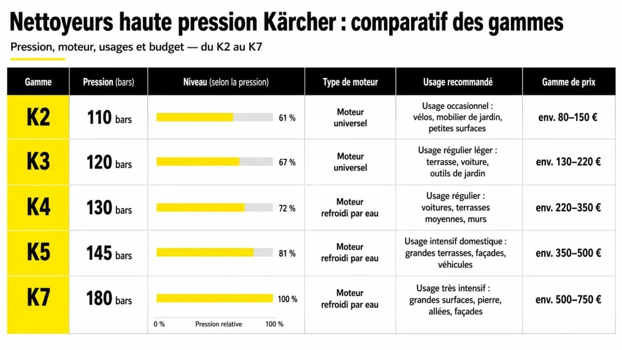 Comparatif des gammes de nettoyeurs haute pression Kärcher et leurs prix pour choisir le modèle adapté