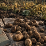 Quand recolter les pomme de terre : tubercules sur drap, feuillage fané, récolte