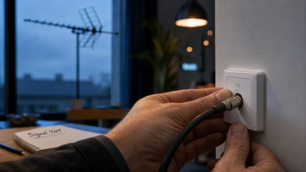 Branchement antenne tv rateau : câble coaxial sur prise TV murale