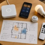 Domotique dans une maison : box, ampoule LED et capteur en entrée