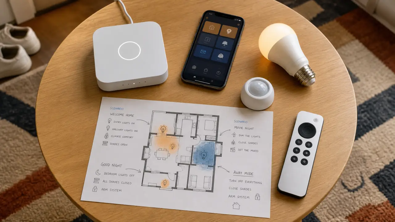 Domotique dans une maison : box, ampoule LED et capteur en entrée