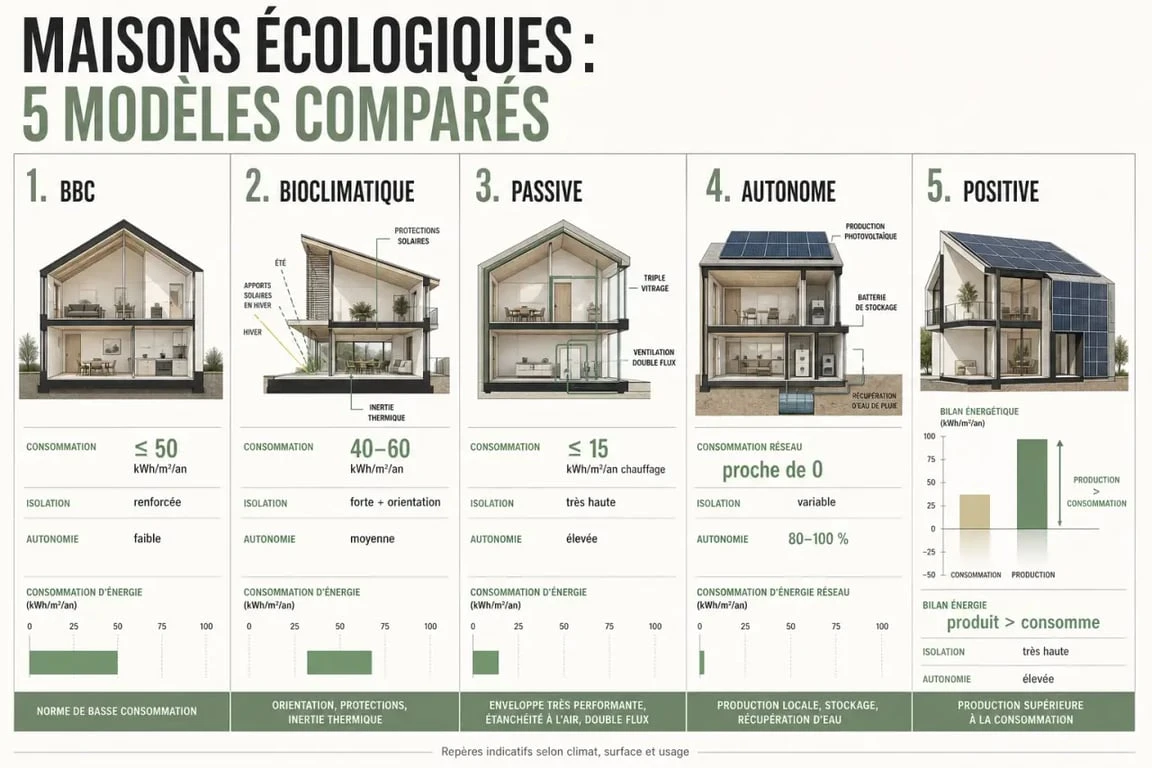 Maison écologique : comparatif des modèles BBC, bioclimatique, passive, autonome et positive