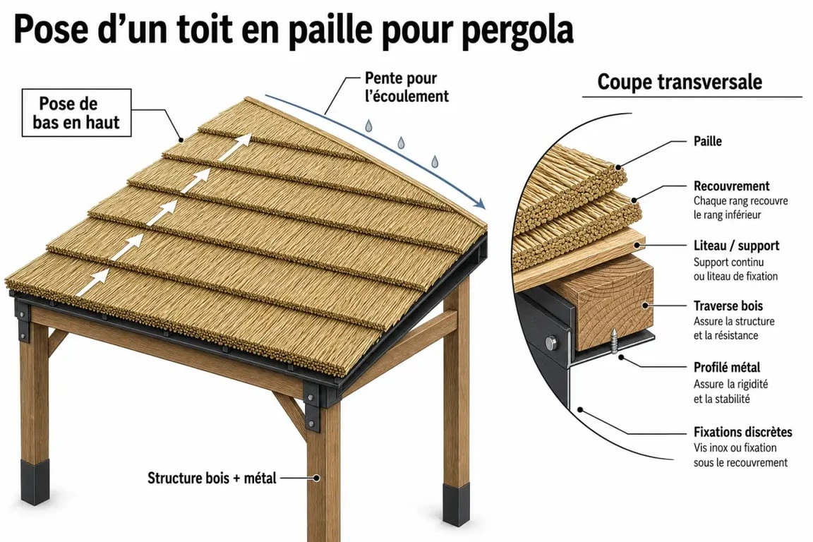Toit en paille pour pergola : schéma de pose avec recouvrement et pente