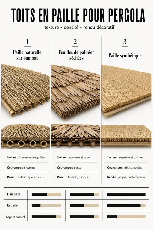 Toit en paille pour pergola : comparaison visuelle entre paille naturelle, feuilles de palmier et paille synthétique