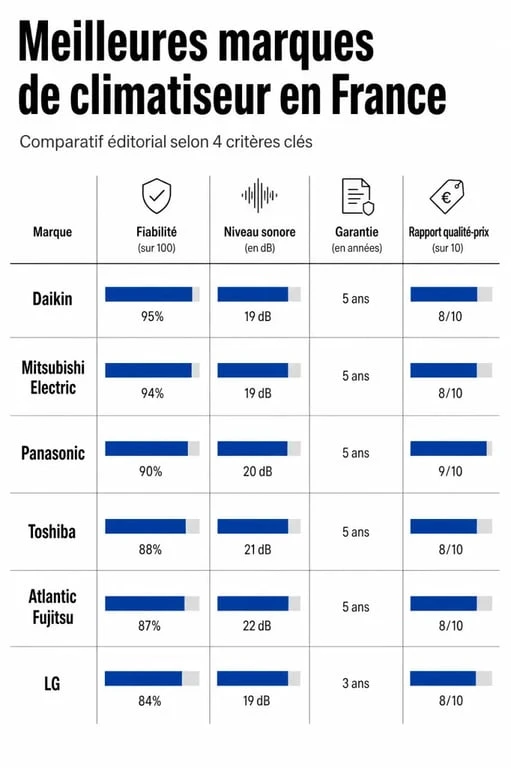 Meilleur marque de climatiseur : infographie comparative des principales marques et de leurs critères clés