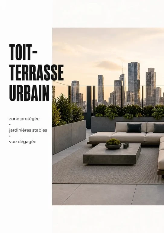 Idée terrasse extérieure sur toit-terrasse urbain avec salon bas et jardinières