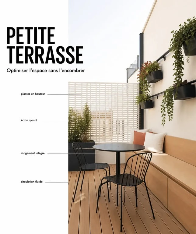 Idée terrasse extérieure pour petite surface urbaine avec banquette et brise-vue