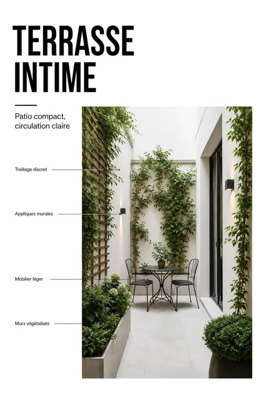 Idée terrasse extérieure en patio compact avec végétal et mobilier léger