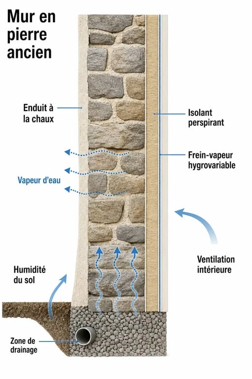 Schéma pour isoler une maison en pierre en respectant la perspirance du mur