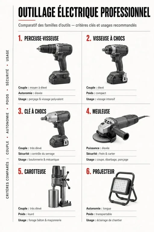 Infographie sur l’outillage électrique professionnel comparant les familles d’outils et leurs critères de choix