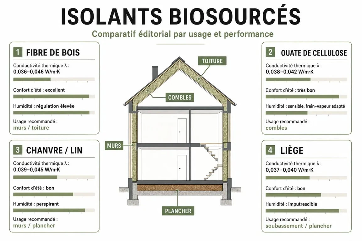 Isolant biosourcé : comparaison visuelle des principaux matériaux et de leurs usages