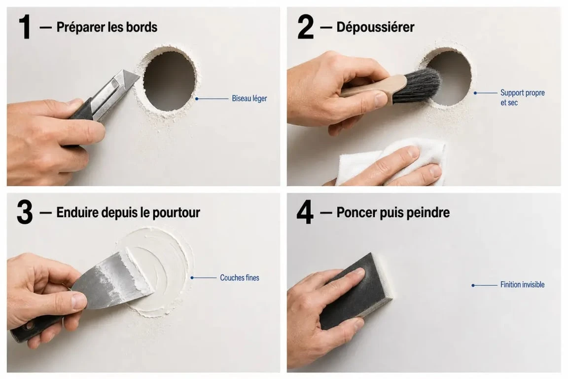 Reboucher trou scie cloche placo : étapes de préparation, enduit, ponçage et peinture sur cloison en plâtre