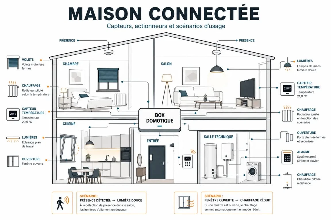 Domotique dans une maison : schéma éditorial d’une maison connectée avec capteurs, box et équipements pilotés