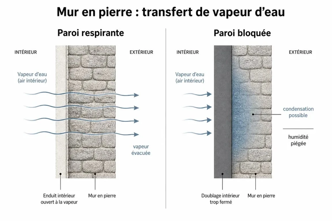 isolant respirant mur pierre : schéma des flux d’humidité et du risque de condensation