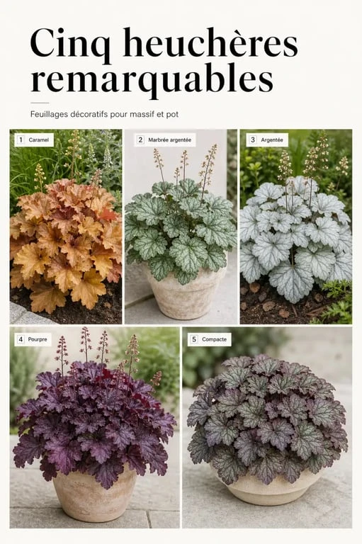 Les plus belles heuchères : comparaison visuelle des variétés Caramel, Green Spice, Sugar Frosting, pourpres et compactes