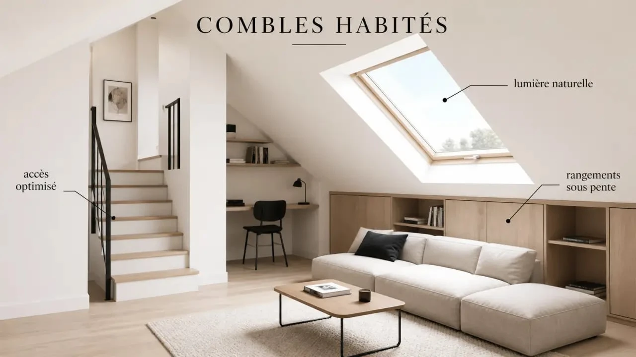 Combles aménagés : intérieur lumineux d'un espace sous toiture transformé en pièce de vie