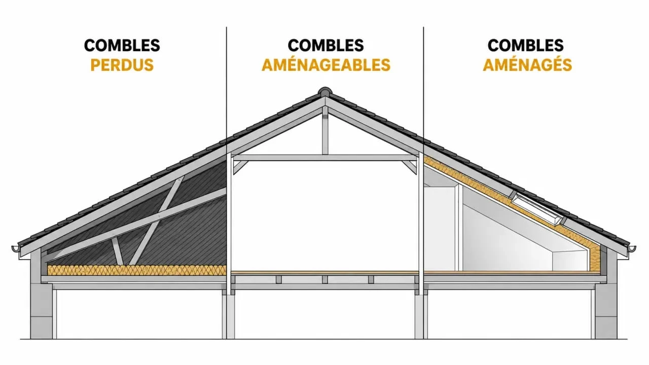 Combles aménagés : comparaison visuelle entre combles perdus, aménageables et aménagés