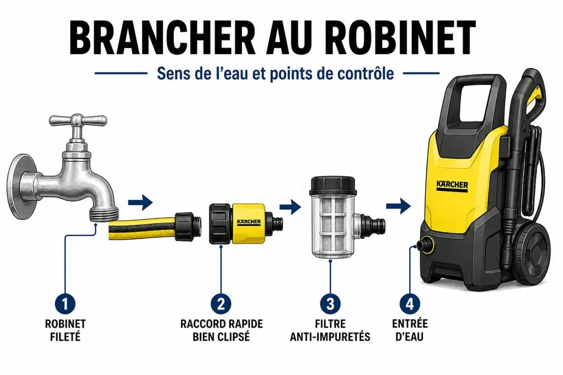 Comment brancher un karcher au robinet : schéma du raccordement sur robinet extérieur avec tuyau, raccord rapide et filtre