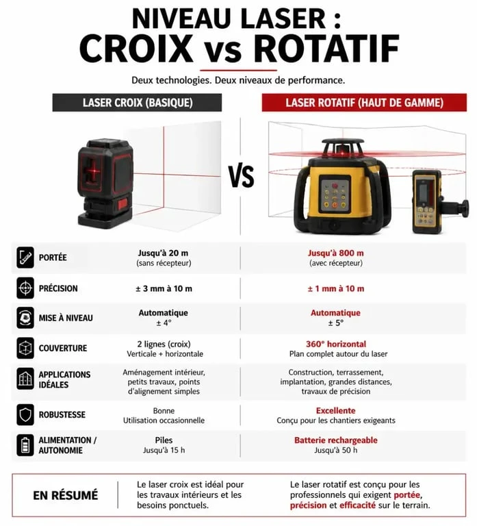 Comparaison technique entre niveau laser à croix et niveau laser rotatif pour le choix du meilleur niveau laser prix