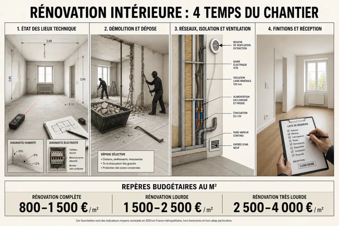 Rénovation interieur : étapes d’un chantier intérieur et repères de budget au m²