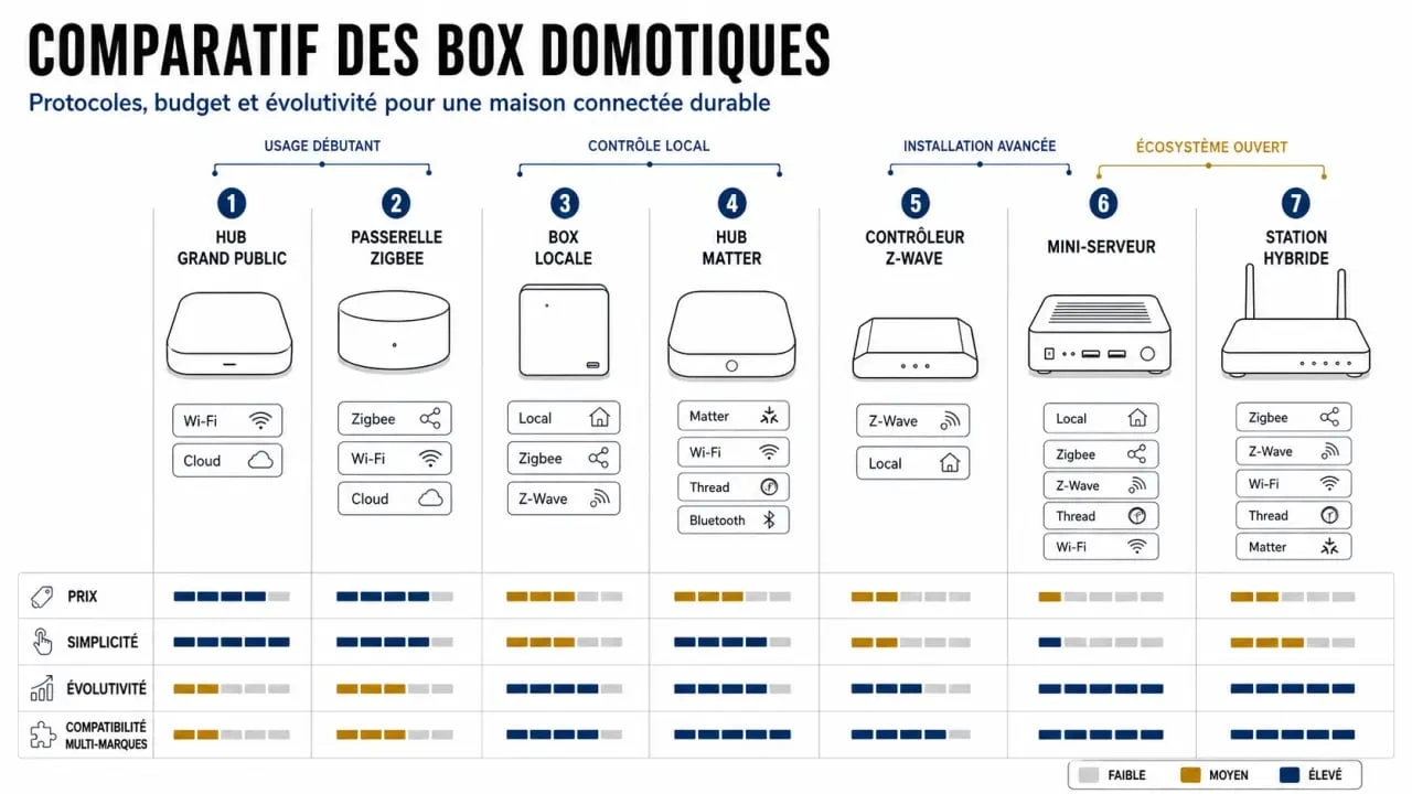 Comparateur box domotique avec tableau visuel des principales solutions et de leurs protocoles