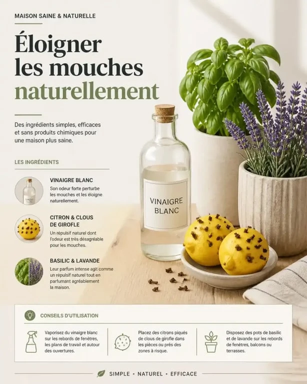Ingrédients naturels pour éloigner les mouches : vinaigre, clous de girofle et plantes aromatiques