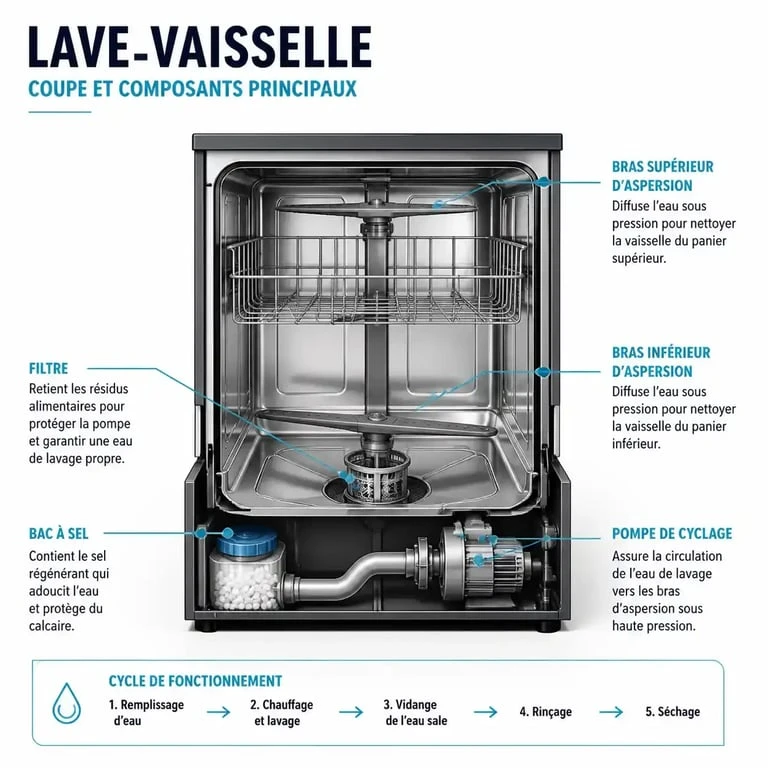 Schéma explicatif du fonctionnement interne d'un lave-vaisselle pour comprendre comment fonctionne un lave vaisselle
