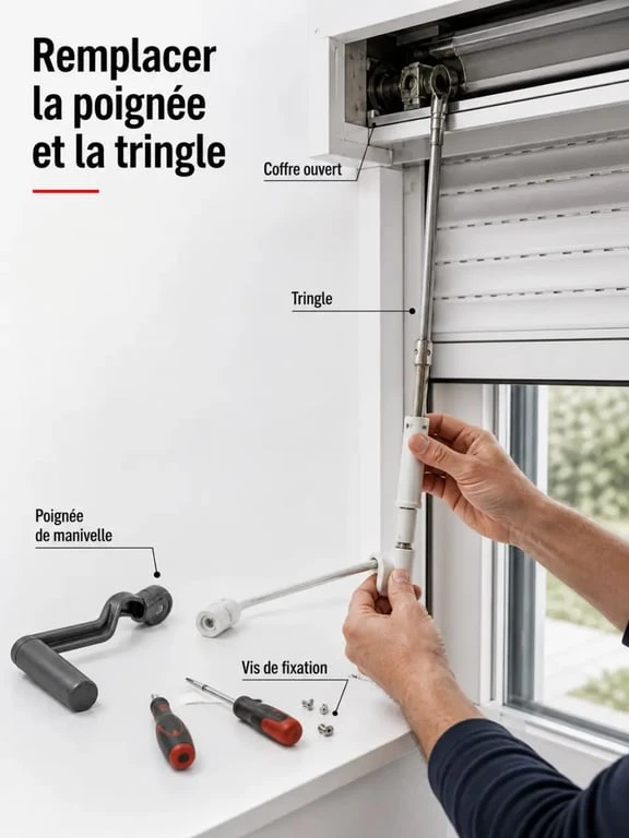 Volet roulant manuel manivelle réparation : remplacement de la poignée et de la tringle au niveau du coffre