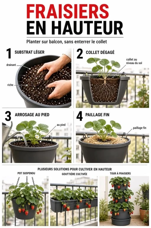 Plantation fraisier en hauteur sur balcon avec étapes de mise en pot et différents supports