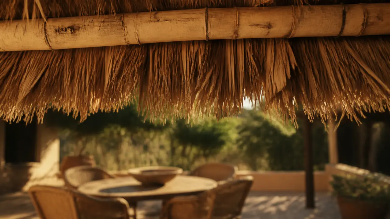 Toit en paille pour pergola : franges et fibres de paille, pose sur lattes