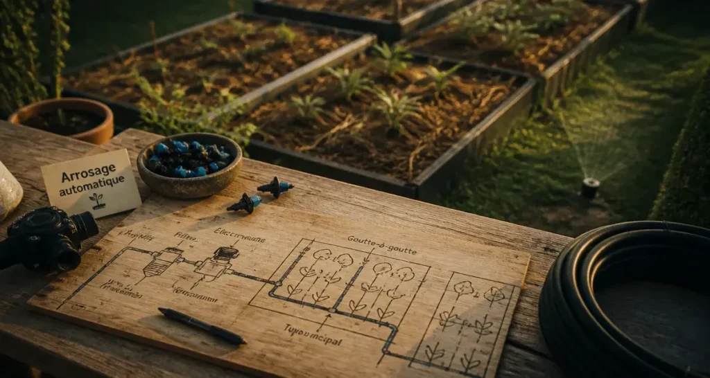 Arrosage automatique goutte-à-goutte pour jardin autonome et économe