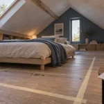 Chambre sous comble tres bas : lit au sol et mesures au ruban