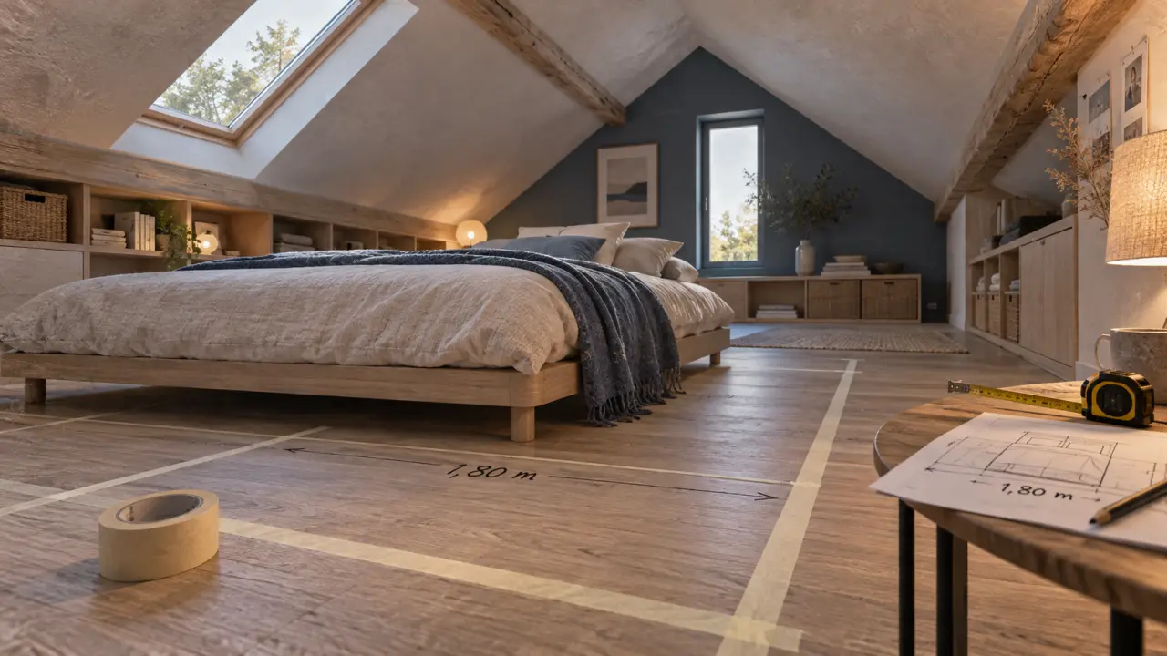 Chambre sous comble tres bas : lit au sol et mesures au ruban