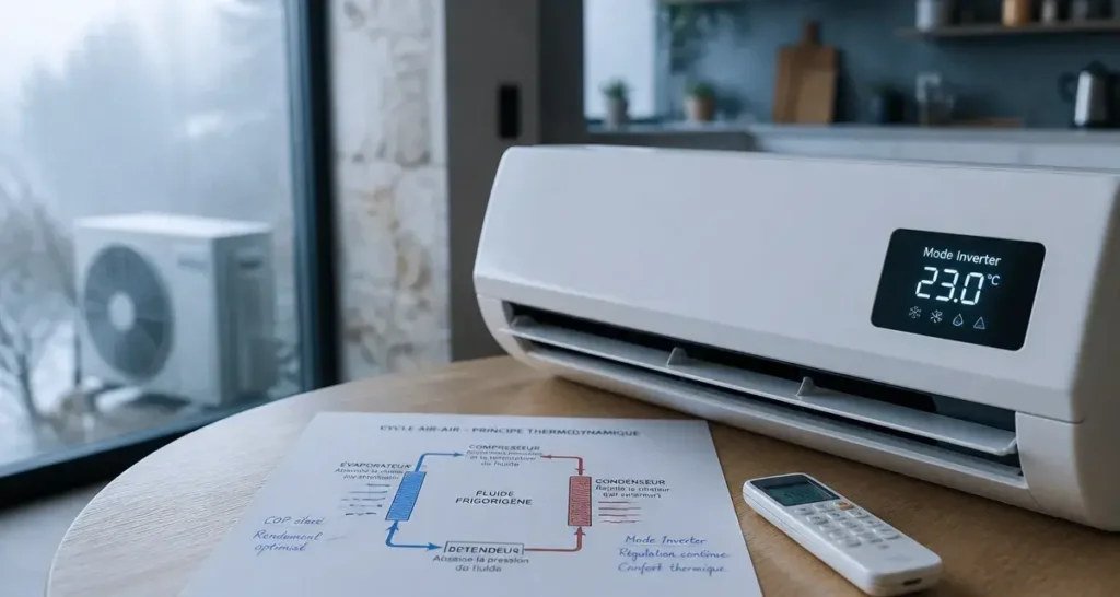 Clim pompe à chaleur réversible en mode inverter, unité intérieure et schéma