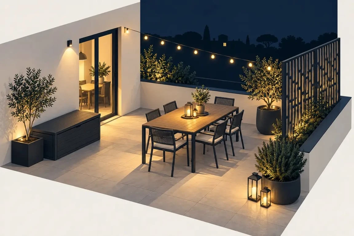 Aménager une terrasse extérieure avec éclairage doux, rangement et protection contre le vis-à-vis