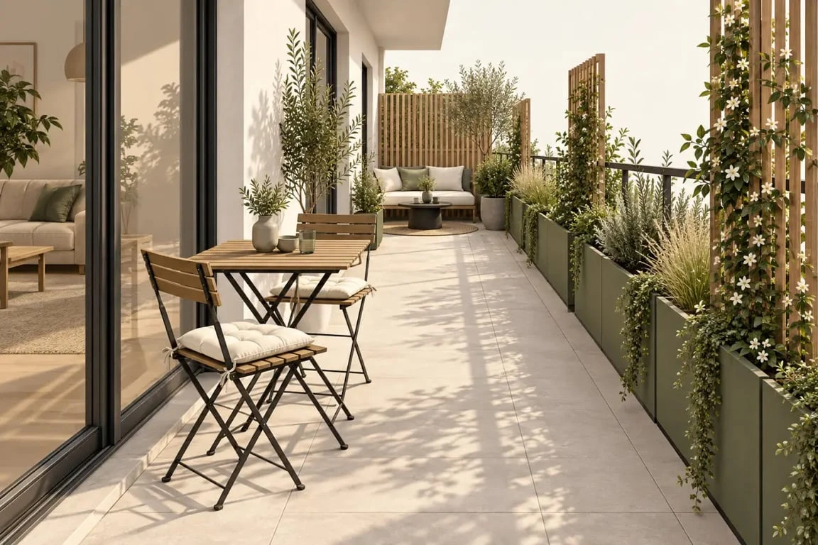 Aménager une terrasse extérieure étroite avec coin repas, espace détente et végétation verticale