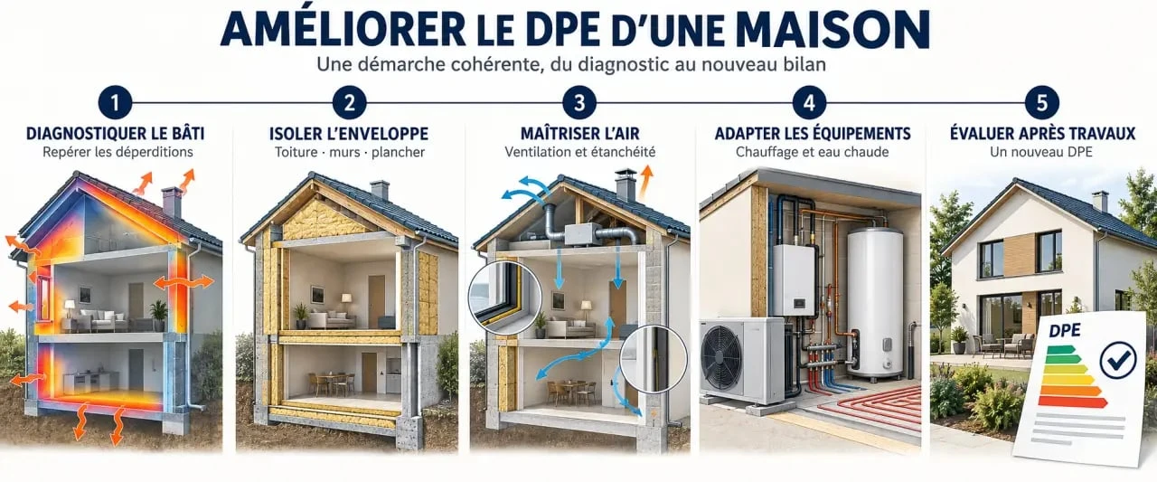 Comment améliorer DPE : ordre des travaux d’isolation, ventilation, chauffage et nouveau diagnostic